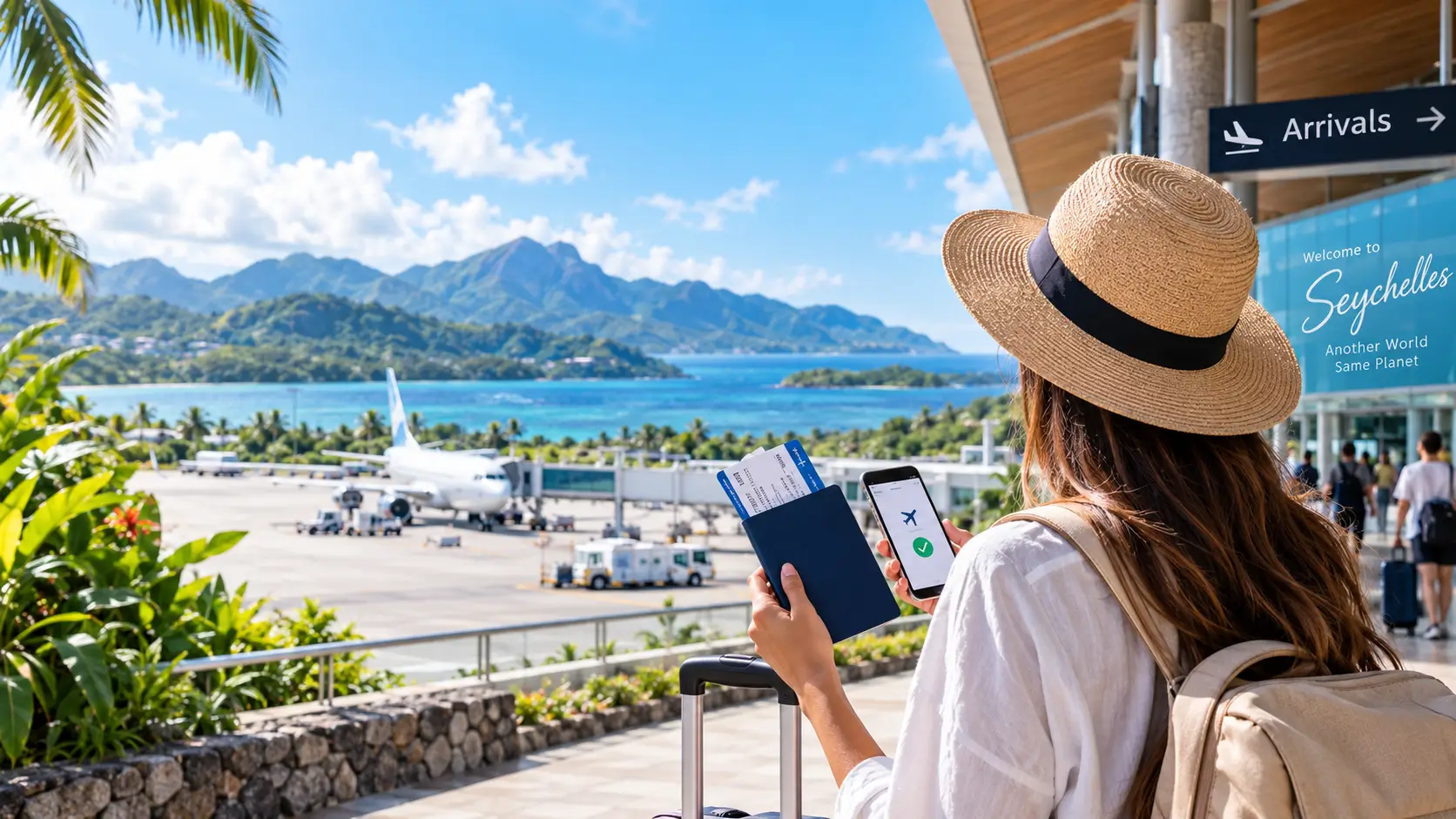 Traveller arriving in Seychelles with passport and travel documents
