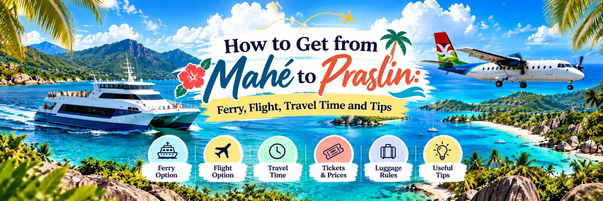 Ferry takes about an hour, the flight 15 minutes. Compare Mahé to Praslin transfer options, arrival points, baggage rules and connection timing.