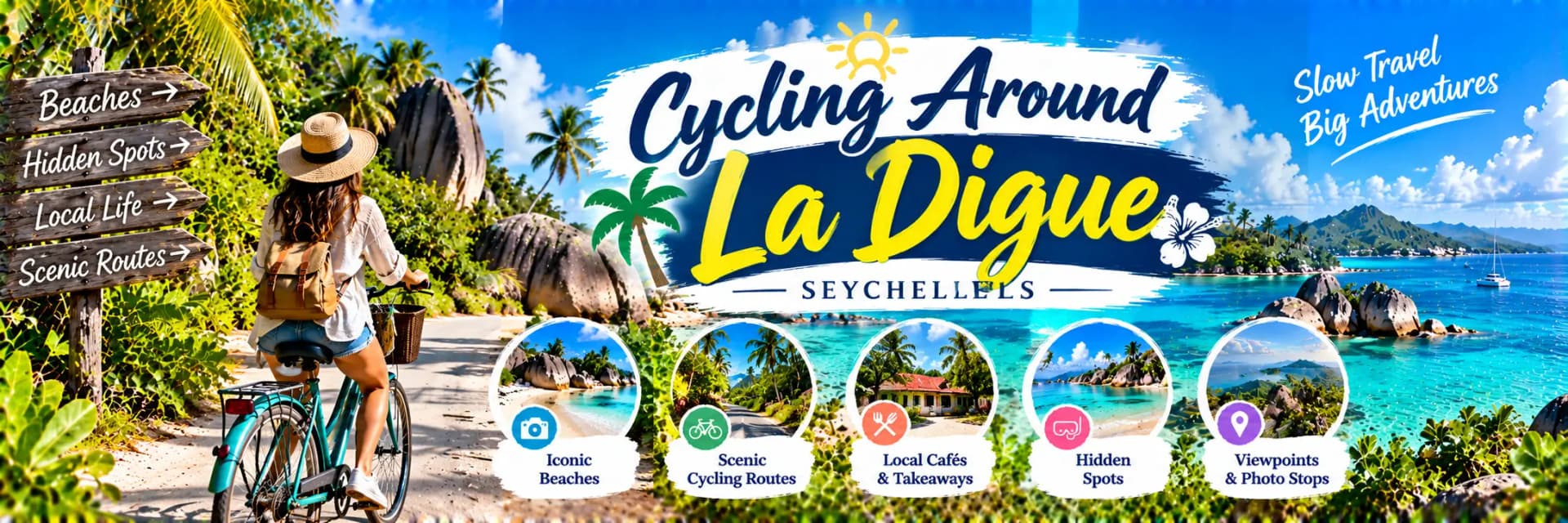Cycling along a scenic tropical road on La Digue Island, Seychelles